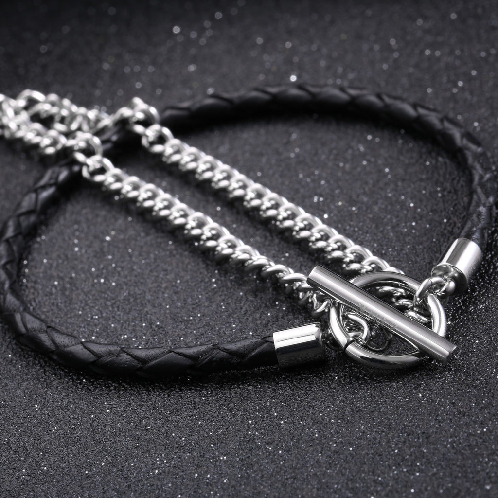 Zink Men's Silver & Black Stainless Steel & Leather Bracelet | Zjbc023slpb