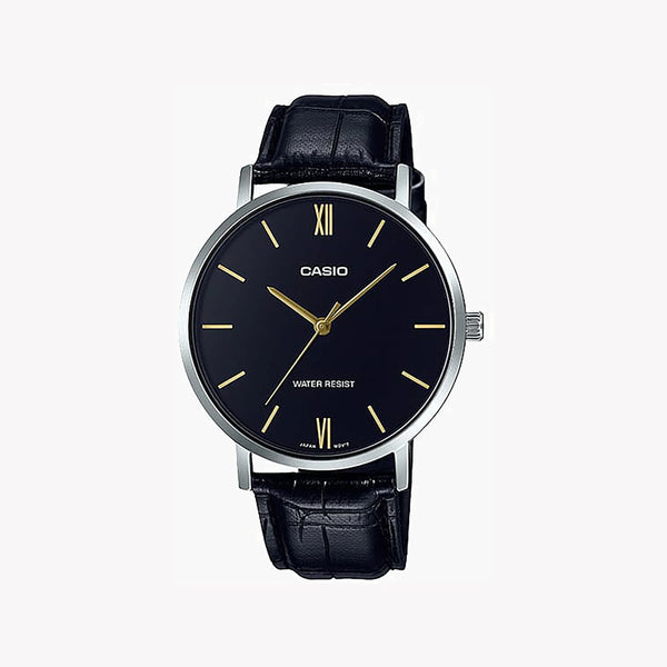 Casio Men's Black Metal Watch, Leather Strap | Mtp-Vt01l-1budf