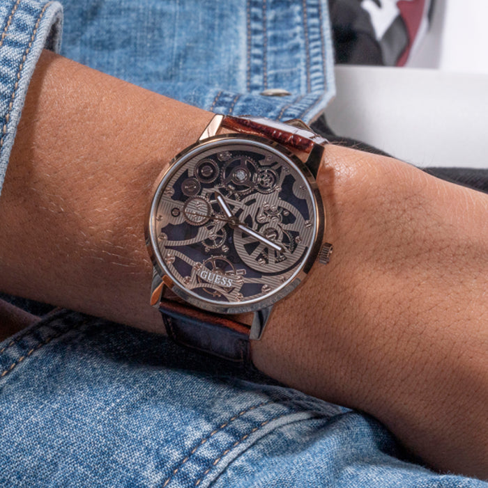 GUESS GW0570G2 ROSE GOLD ELEGANCE - MEN'S TIMEPIECE WITH BROWN LEATHER BAND & CLEAR DIAL-i-Watch-5