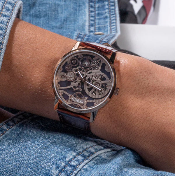 Guess Men's Rose Gold Leather Watch, Clear Dial | Gw0570g2 by i-watch