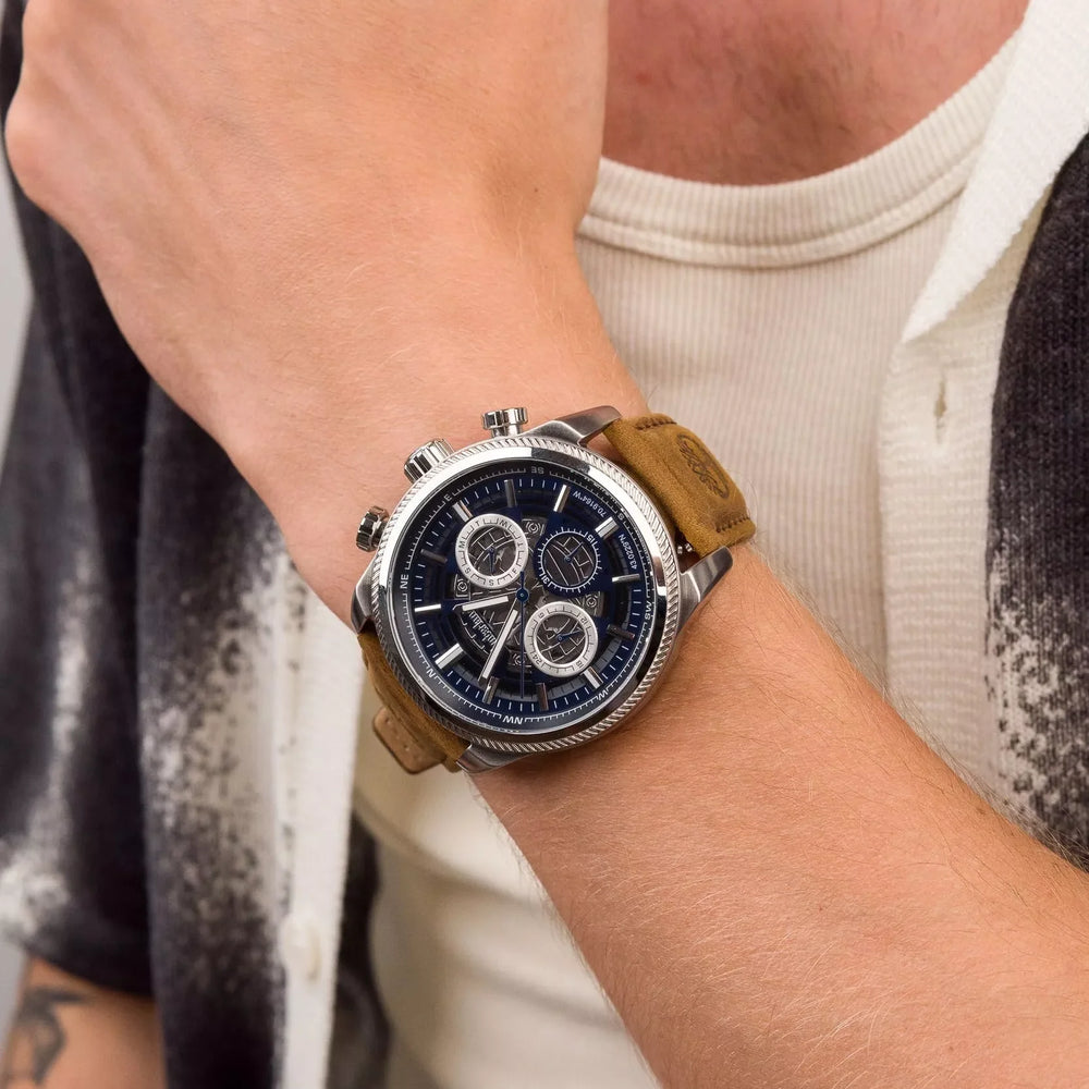 Timberland Men's Silver & Brown Leather Watch, Blue Dial | Tdwgf2200703 by i-watch