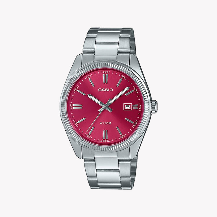Casio Men's Silver Watch with Red Accents, Stainless Steel | MTP-1302PD-4AVEF