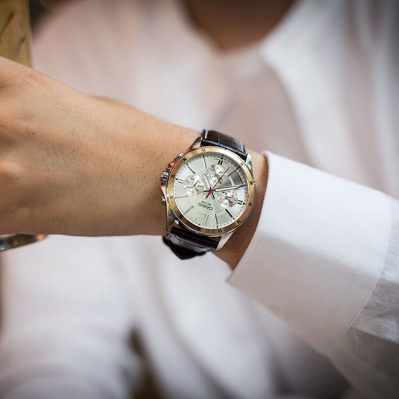 Timeless Elegance Men's Stainless Steel, Leather Strap | MTP-1374L-7AVDF