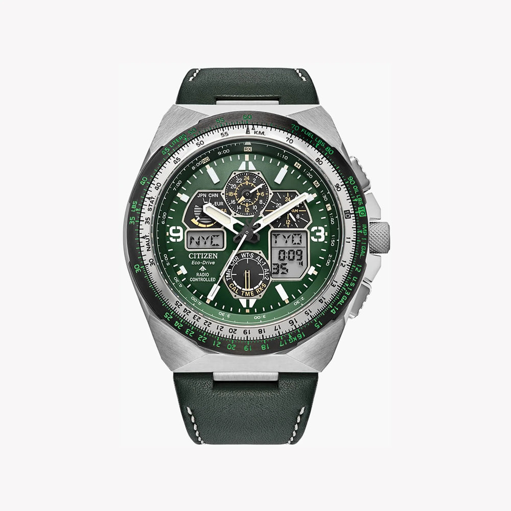 Citizen Men's Silver & Green Leather Watch, 46mm | Jy8147-01x by i-watch