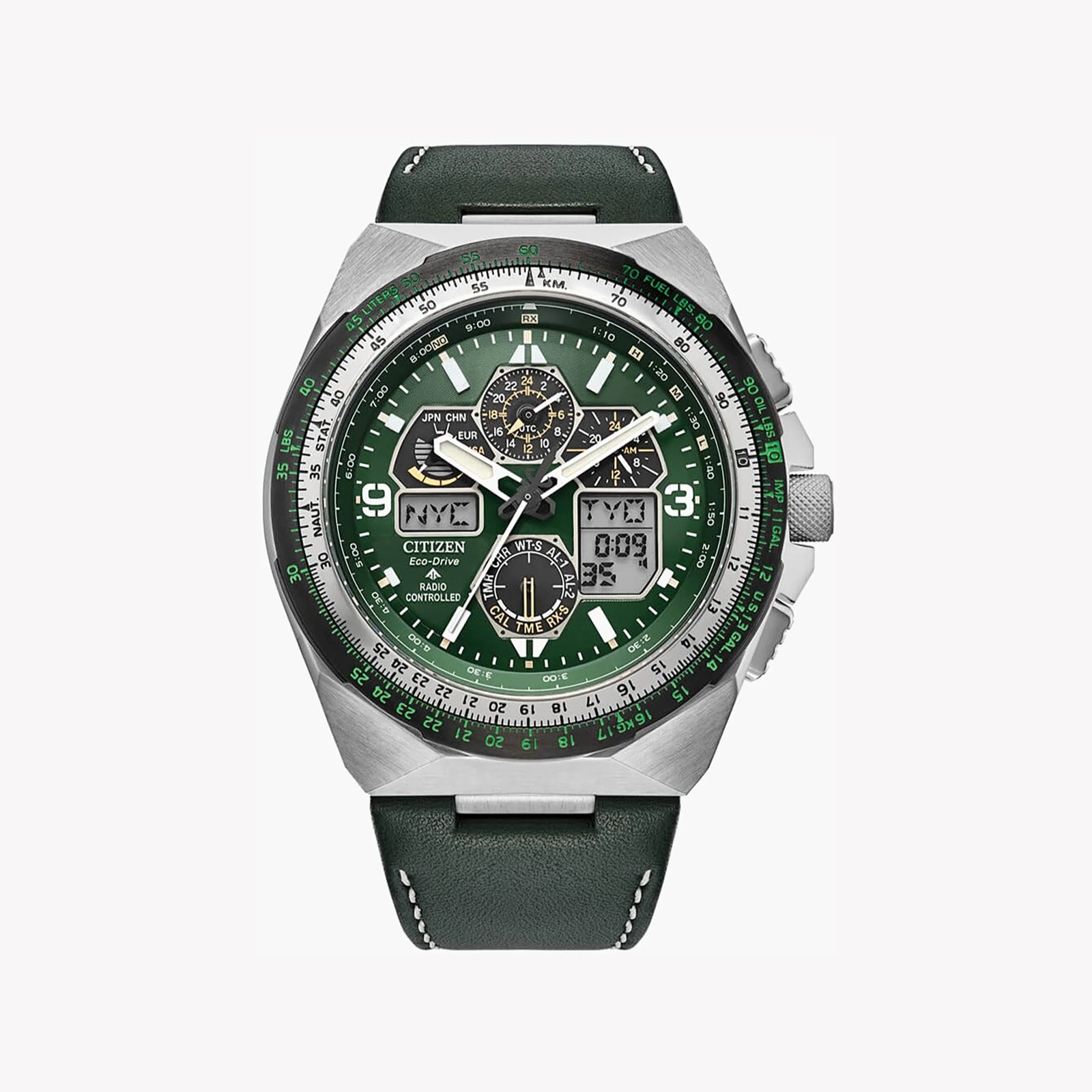 Citizen Men's Silver & Green Leather Watch, 46mm | Jy8147-01x by i-watch