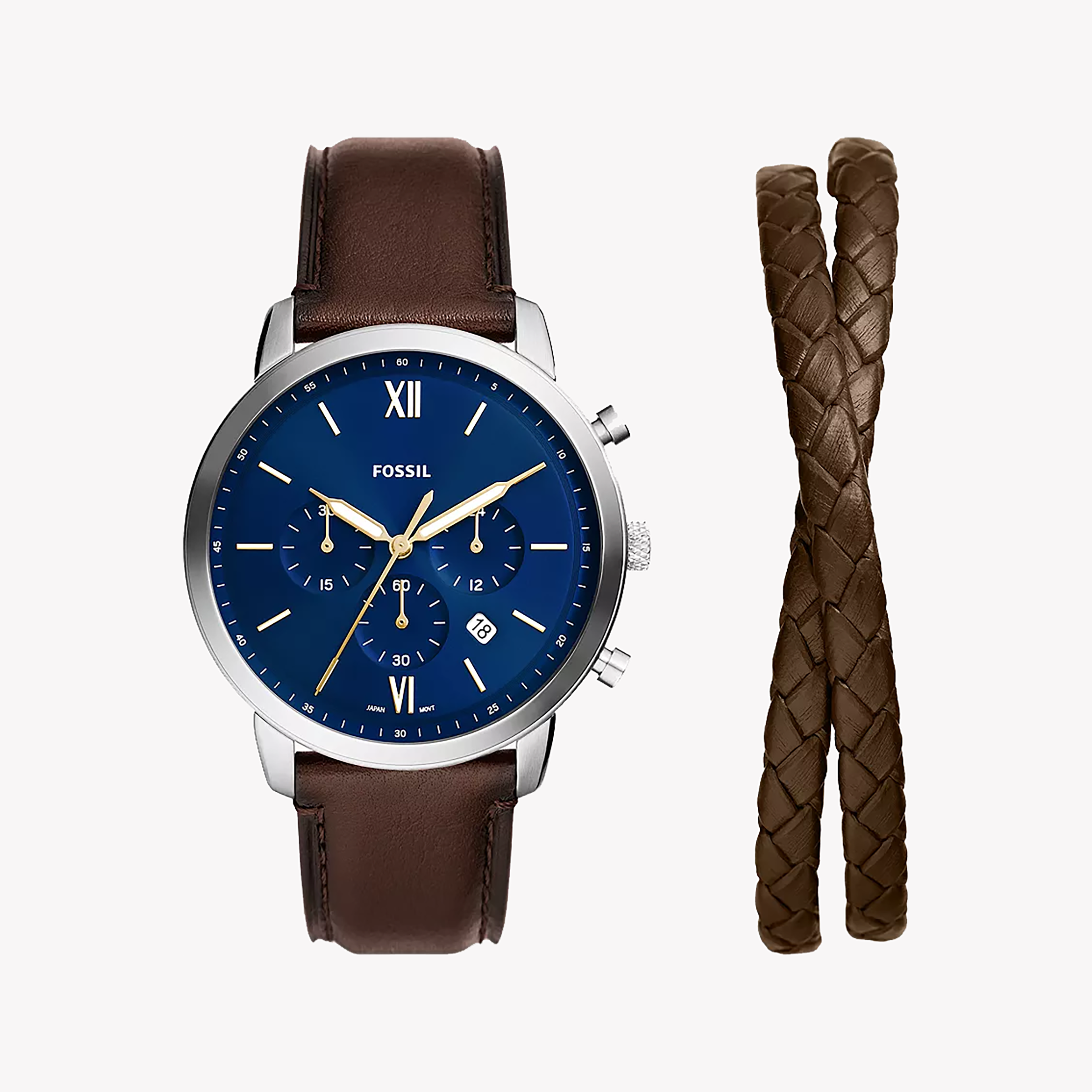 FOSSIL FS6018SET ELEGANCE - MODERN MEN'S TIMEPIECE WITH BLUE DIAL & BROWN LEATHER STRAP