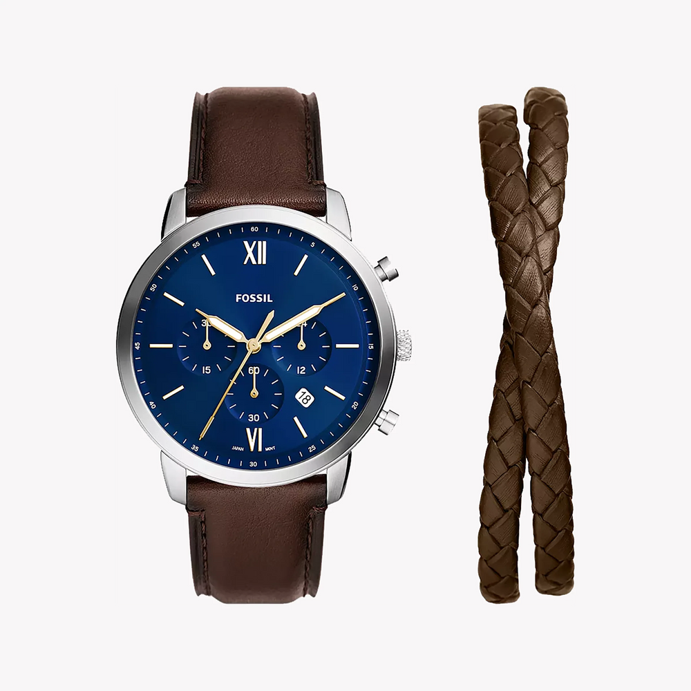 Fossil Men's Silver/Brown Watch, Blue Dial | Fs6018set by i-watch
