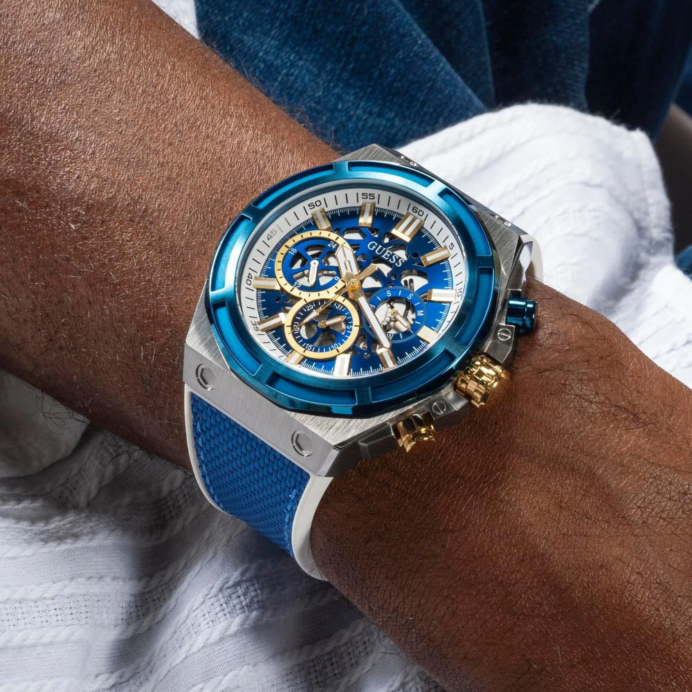 Guess Men's Silver & Blue Silicone Watch, Blue Dial | Gw0713g1 by i-watch