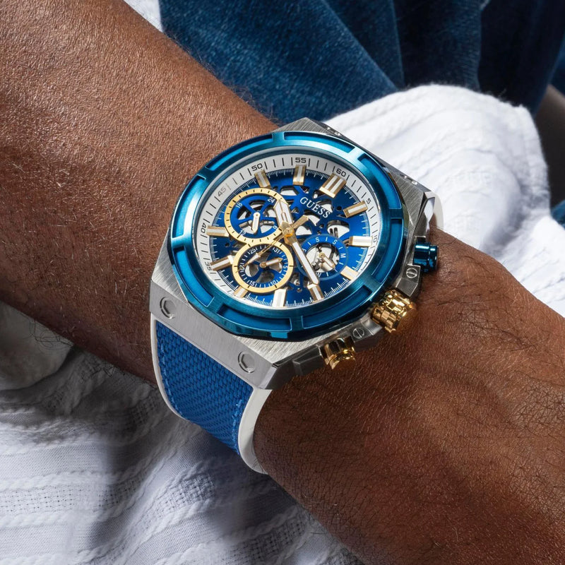Guess Men's Silver & Blue Silicone Watch, Blue Dial | Gw0713g1 by i-watch