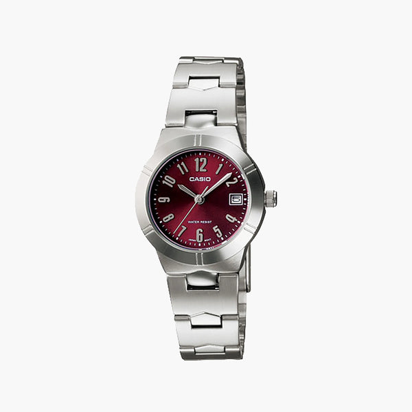 Casio Enticer Lady's Silver Stainless Steel, Dark Red Dial | Ltp-E139d-4a3