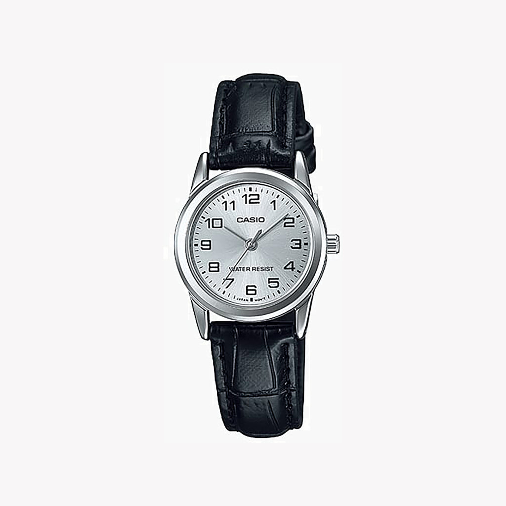 CASIO Women's Watch with Silver Stainless Steel Case and Black Leather Band