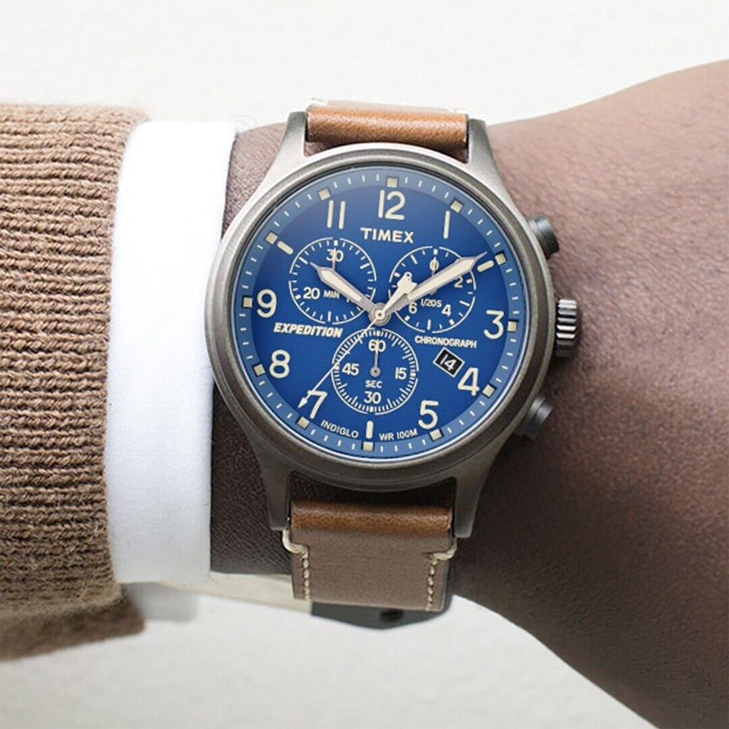 Timex Men's Brass Watch, Blue Dial, Brown Leather Strap | Tw4b09000