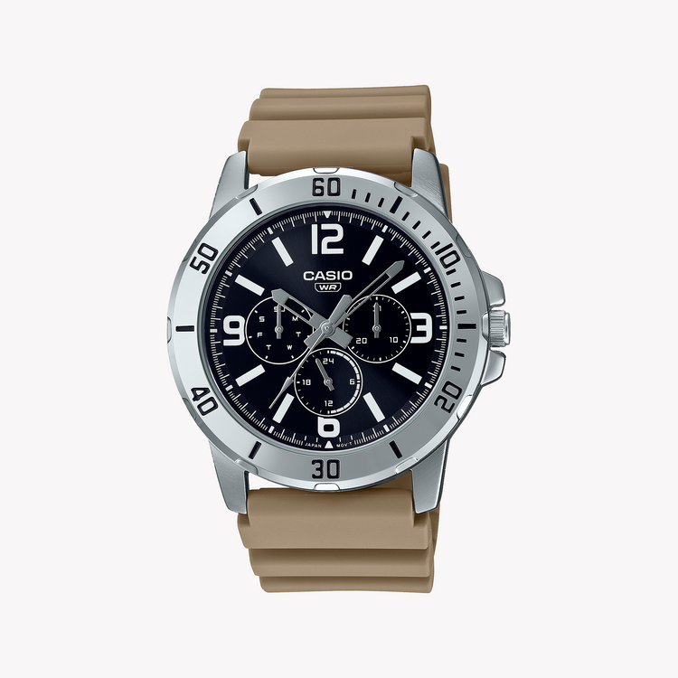 CASIO MTP-VD300-5BUDF SPORTY ELEGANCE - VERSATILE MEN'S WATCH WITH BLACK DIAL & BROWN RESIN BAND