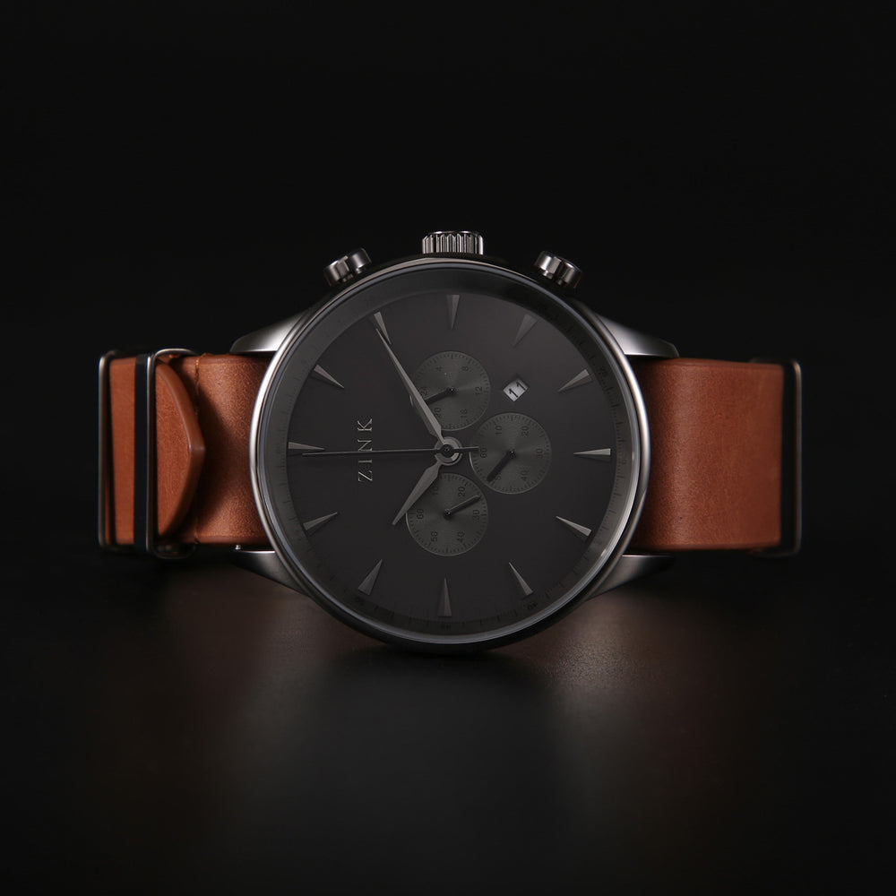 Zink Men's Stainless Steel Black Watch - Brown Leather | Zk127g2ls-22 by i-watch