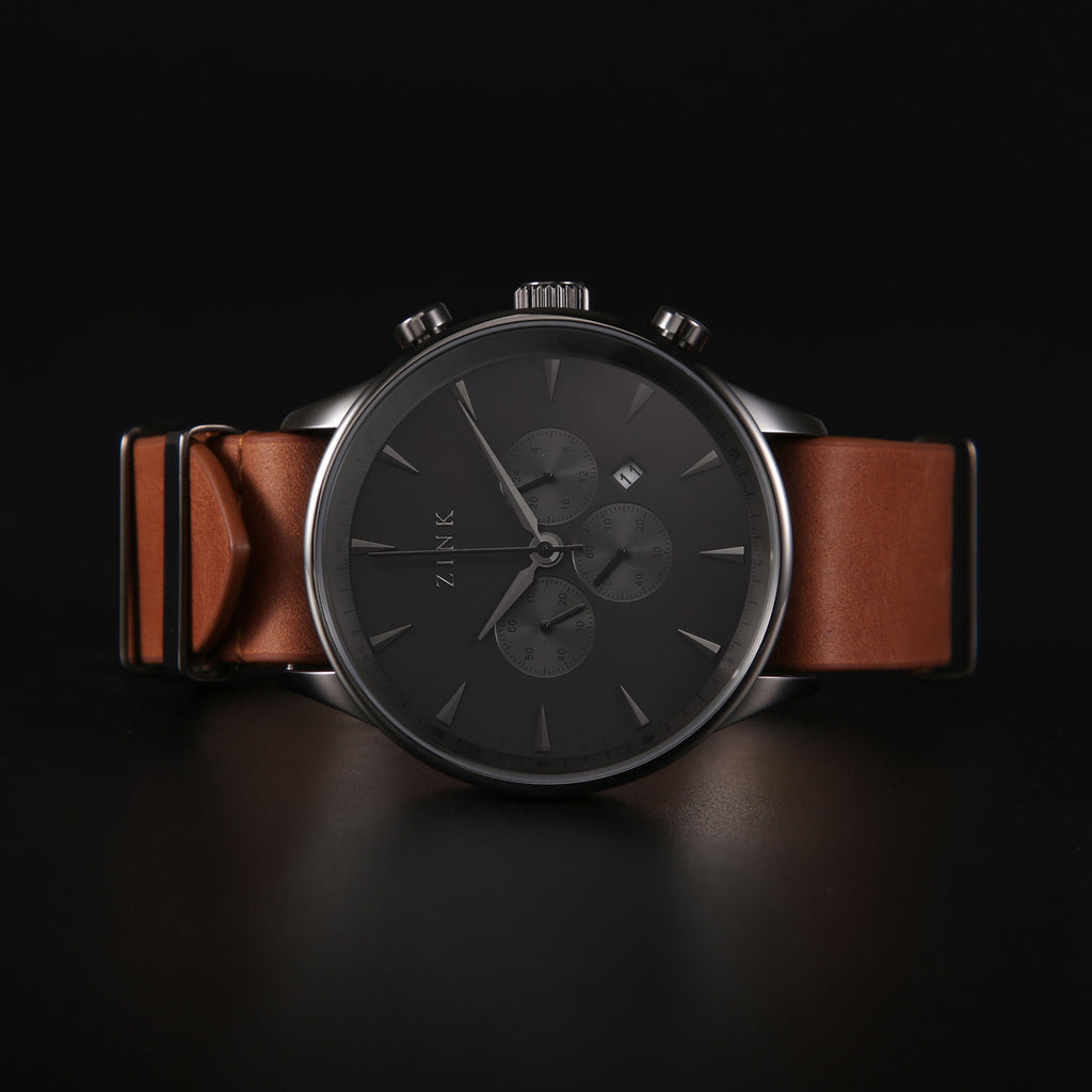 Zink Men's Stainless Steel Black Watch - Brown Leather | Zk127g2ls-22