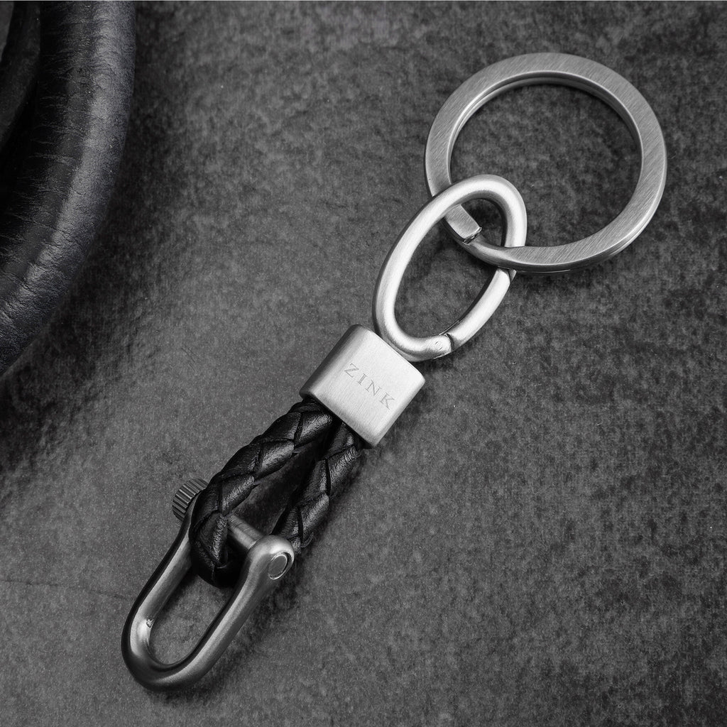 Zink Keychain - Silver & Black - Stainless Steel & Leather | Zjkc010b