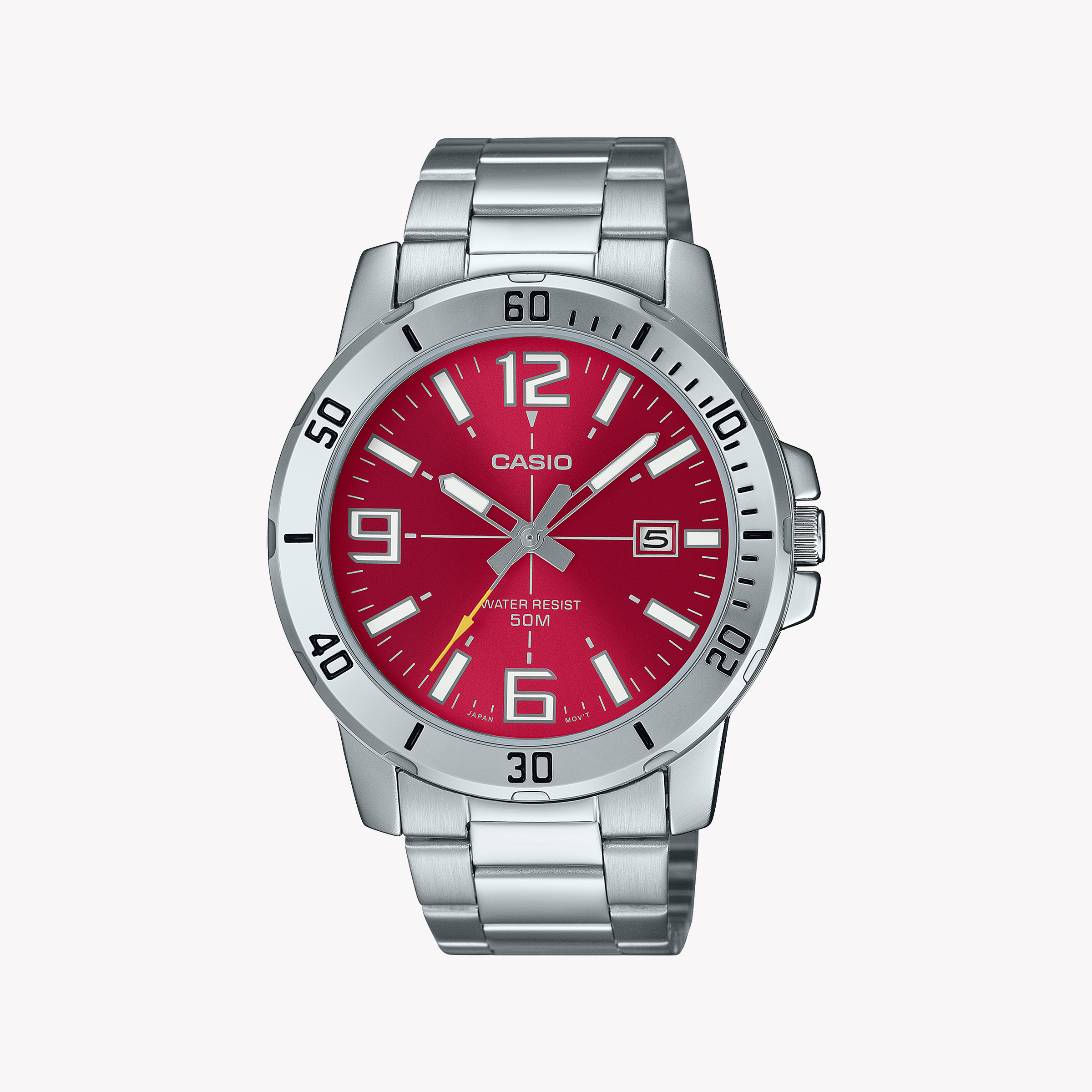 CASIO MTP-VD01D-4BVUDF ADVENTURE READY - SPORTY ELEGANCE MEN'S WATCH with Red Dial and Stainless Steel Band