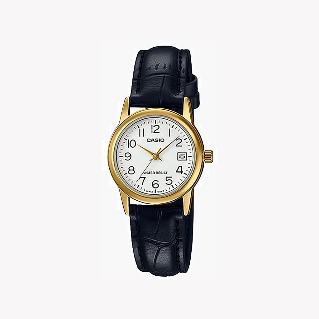 CASIO Women's Watch with Gold Brass Case and Black Leather Band