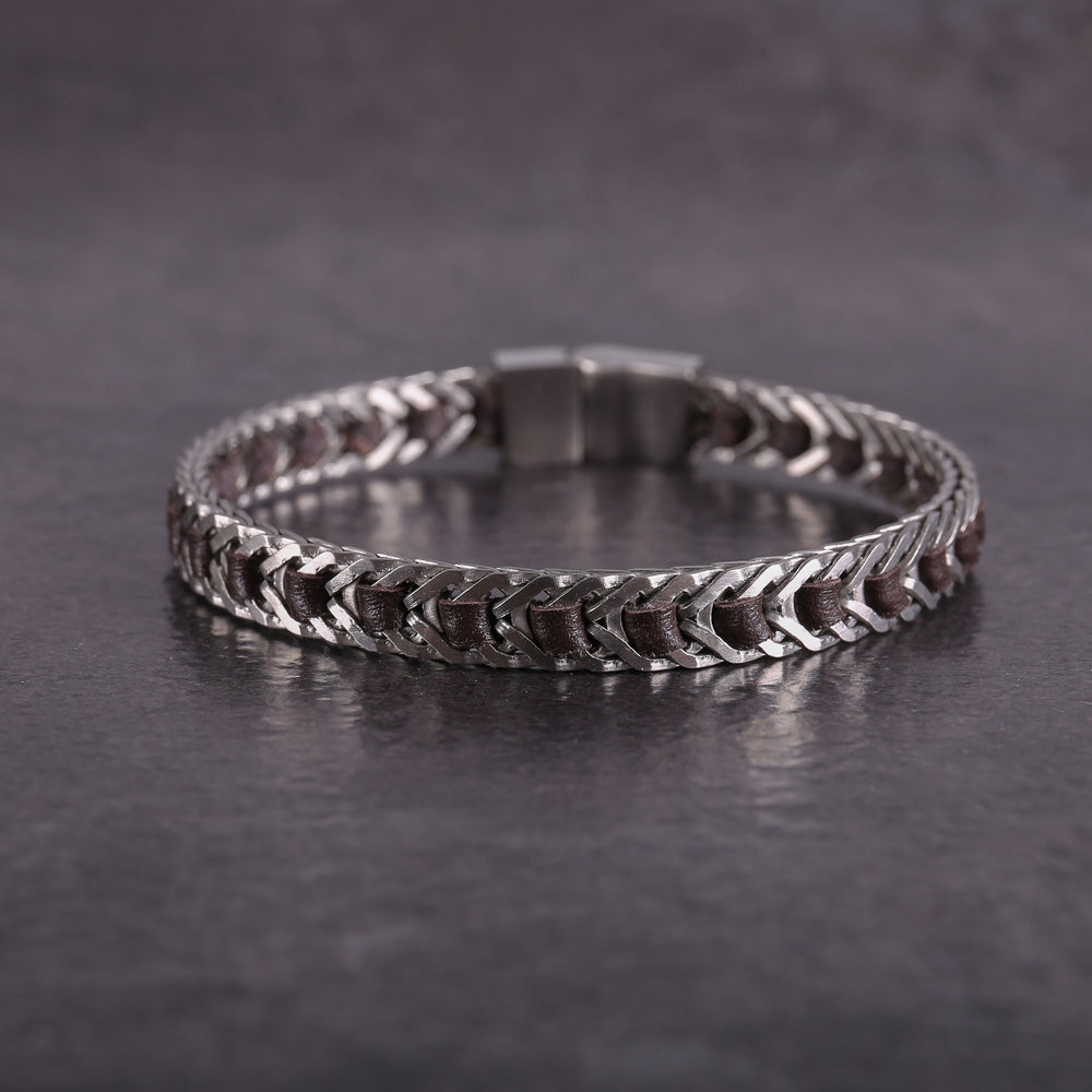 Zink Men's Silver & Brown Bracelet | Stainless Steel & Leather | Zjbc03710