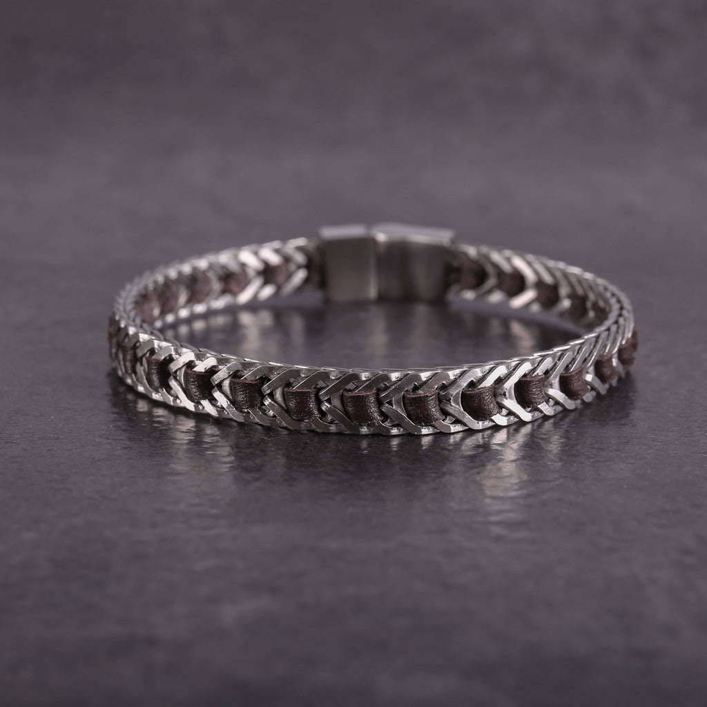 Zink Men's Silver & Brown Bracelet | Stainless Steel & Leather | Zjbc03710