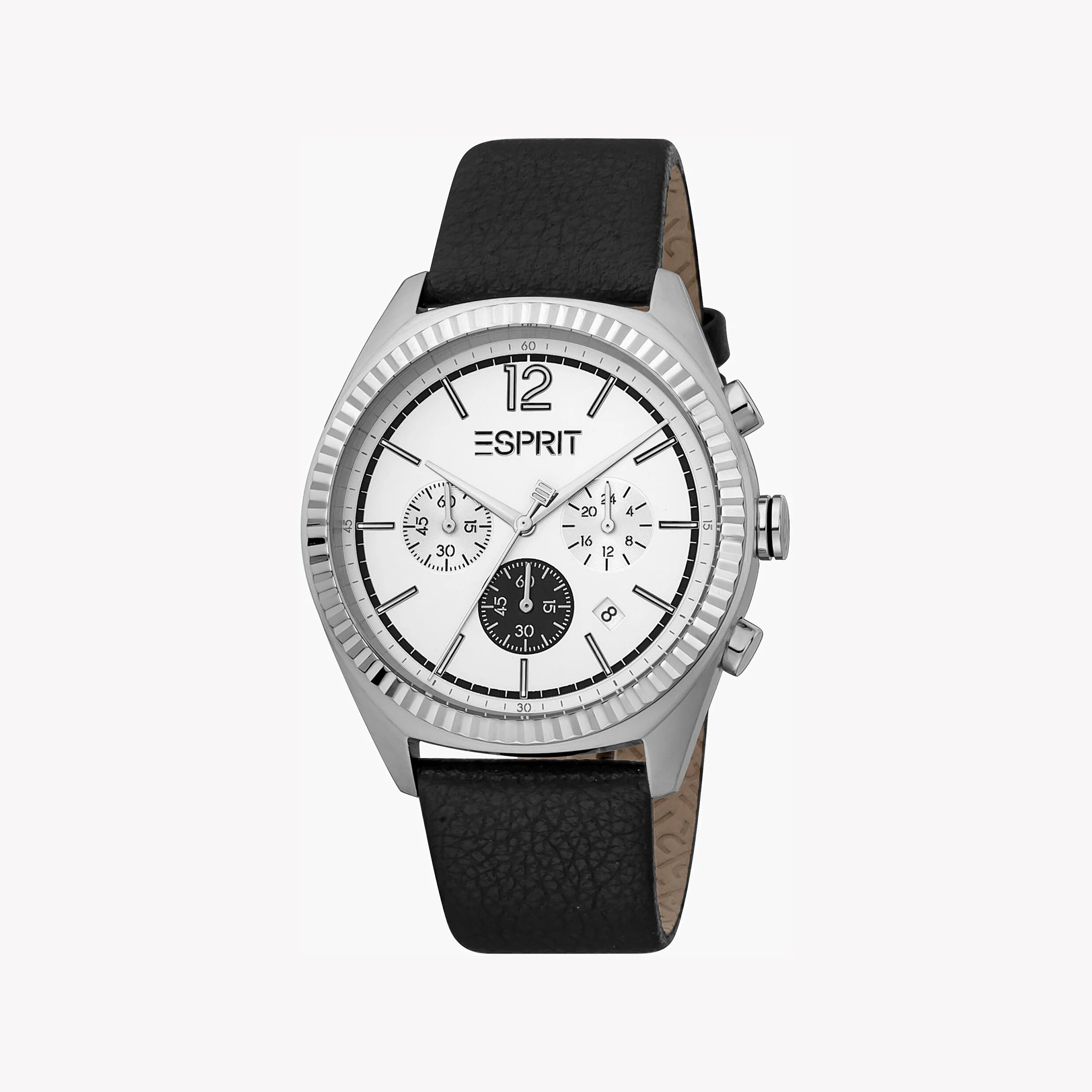 ESPRIT MEN'S CLASSIC TIMEPIECE - BLACK LEATHER & WHITE DIAL STAINLESS STEEL WATCH