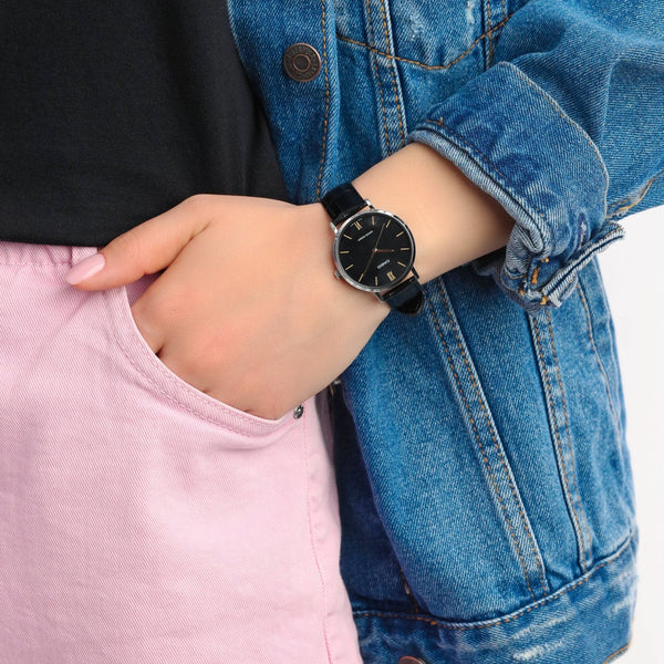 CASIO Women's Watch with Silver Stainless Steel Case and Black Leather Band-i-Watch-4