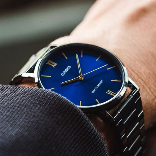 CASIO MTP-VT01B-2B BOLD SPORTY TIMEPIECE - MEN'S BLACK & BLUE STAINLESS STEEL WATCH-i-Watch-3