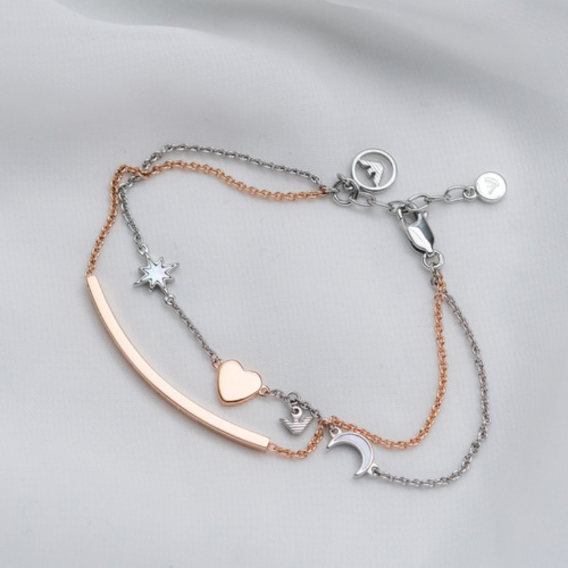 Emporio Armani Women's Silver & Rose Gold Jewelry Set, Mother of Pearl Heart Charms | EG3417221