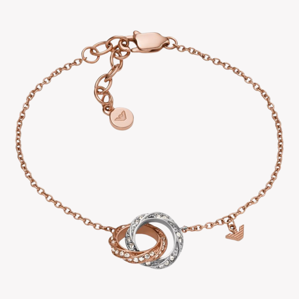 Emporio Armani Women's Silver & Rose Gold Bracelet, Crystal Interlocking Rings | EGS3005221