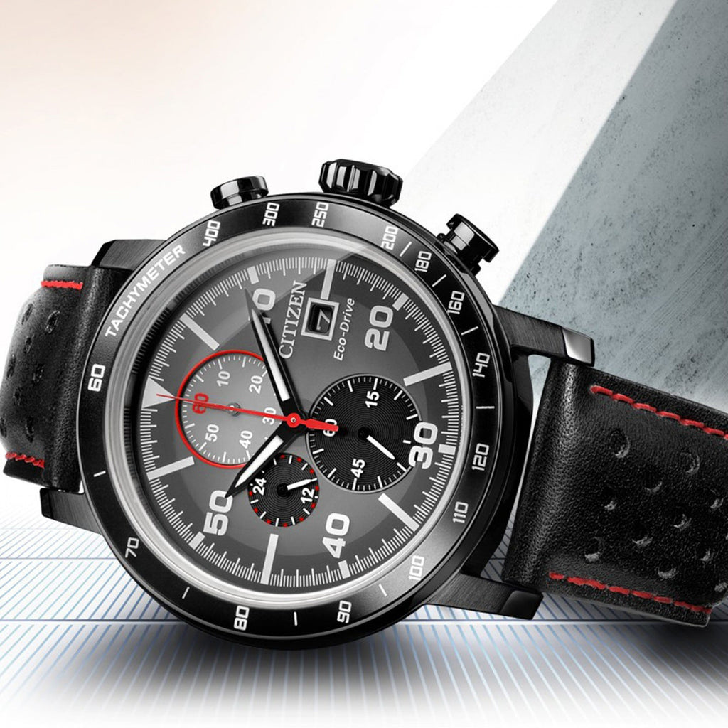 CITIZEN CA0645-15H ELEVATE - MONTRE POUR HOMMES EN ACIER INOXYDABLE NOIR AUDACIEUX AVEC TECHNOLOGIE ECO-DRIVE ET BANDE EN CUIR DE LUXE