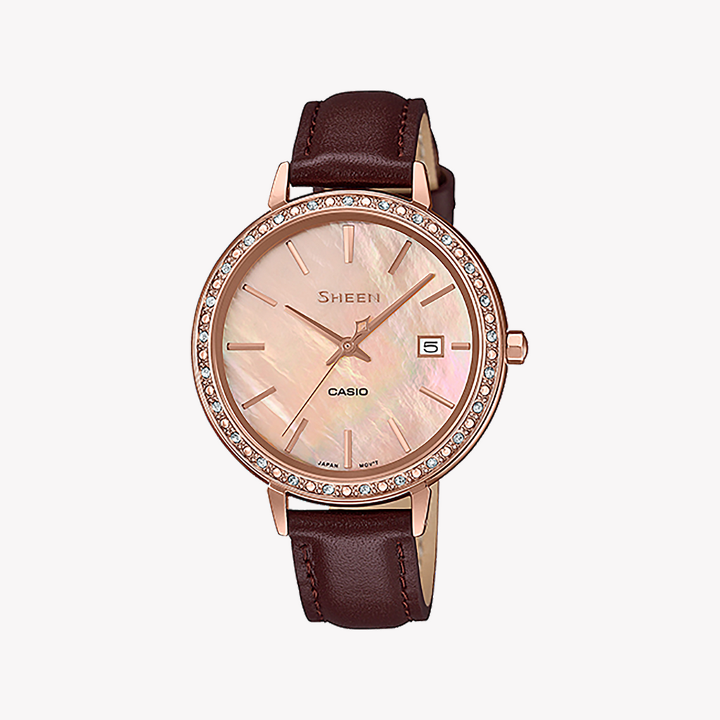 CASIO SHE-4052PGL-4AUDF ELEGANT VERSATILITY - ROSE GOLD TIMEPIECE WITH LEATHER BAND