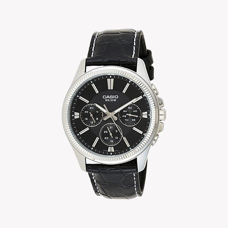 Timeless Elegance Men's IP Silver Watch, Leather Strap | MTP-1375L-1AVDF