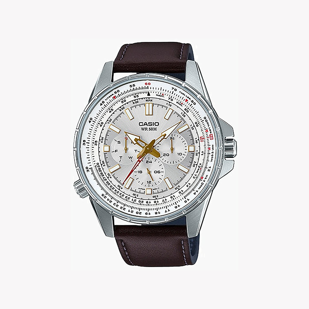 CASIO MTP-SW320L-7AVDF - ELEGANTLY RUGGED MEN'S WATCH WITH WHITE DIAL & BROWN LEATHER BAND