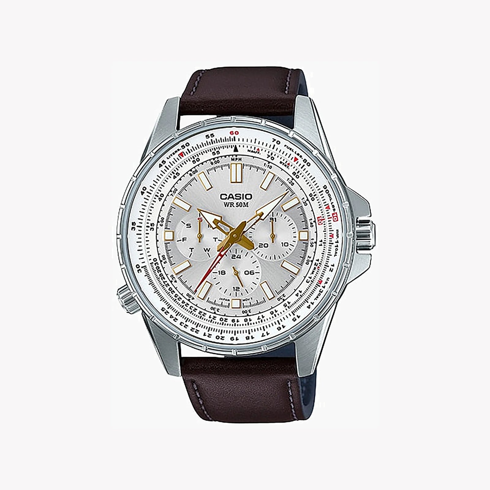 Casio Mtp-Sw320l-7avdf - Elegantly Rugged Men's Watch With White Dial & Brown Leather Band by i-watch