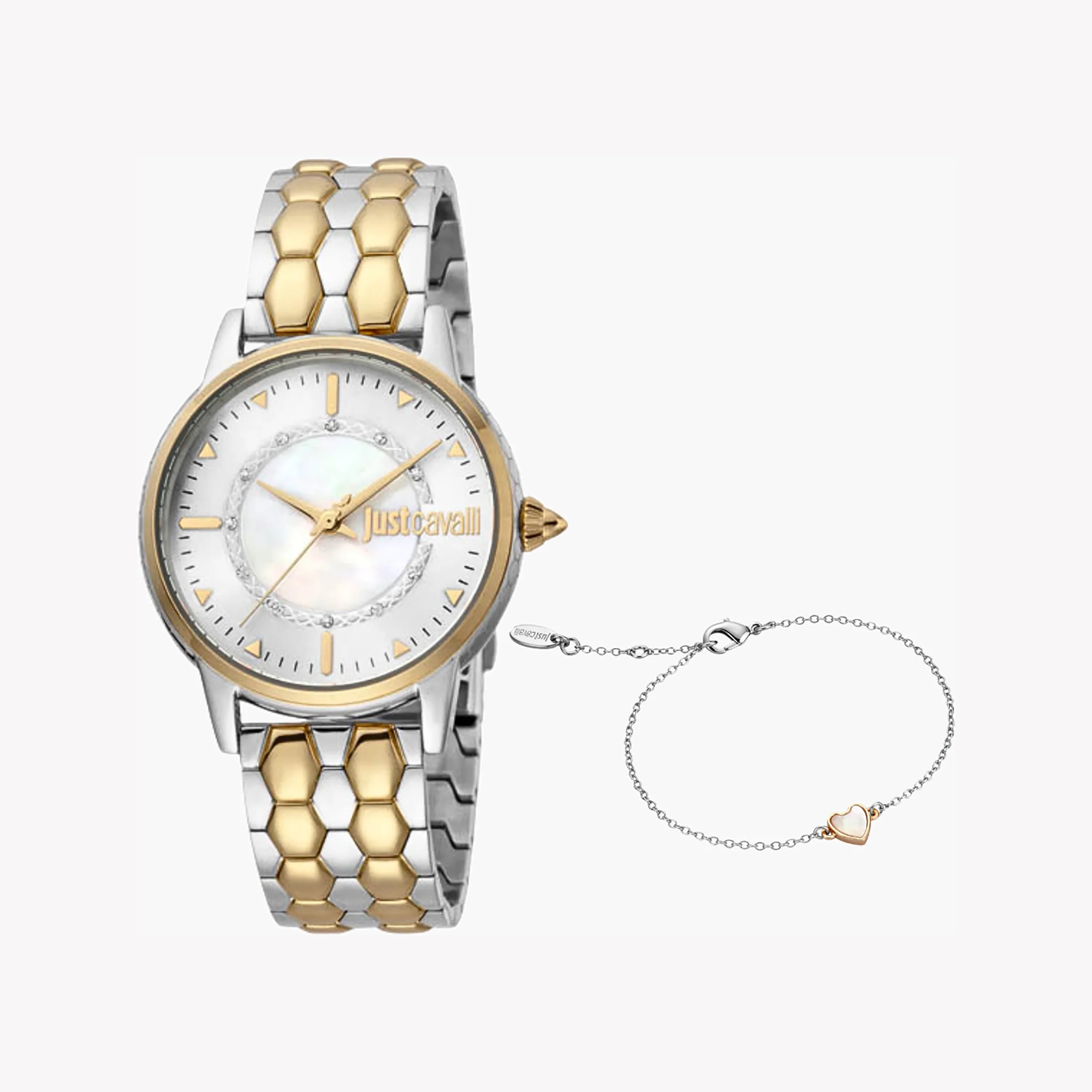 JUST CAVALLI Women's Watch with Silver & Gold Stainless Steel Case and Silver & Gold Stainless Steel Band