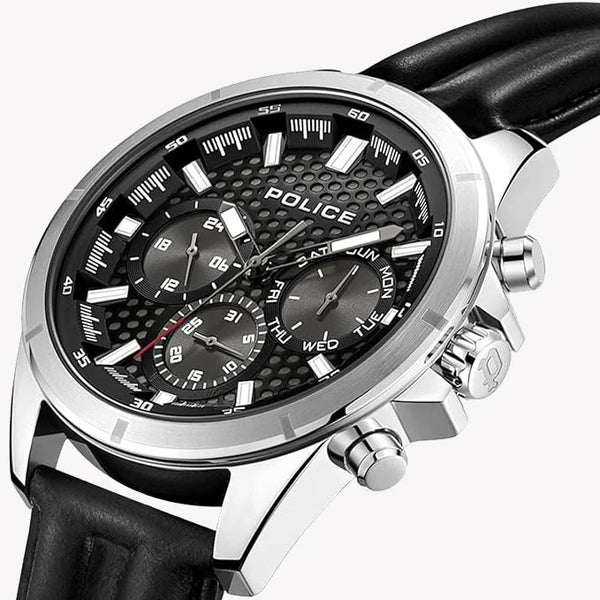 Police Men's Silver Stainless Steel Watch, Black Leather | Pewjf2204101 by i-watch
