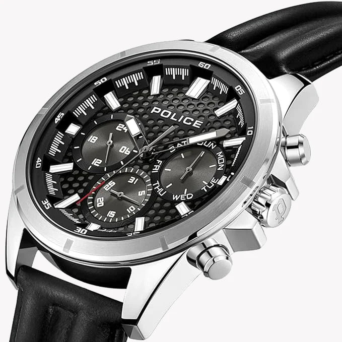 Police Men's Silver Stainless Steel Watch, Black Leather | Pewjf2204101 by i-watch