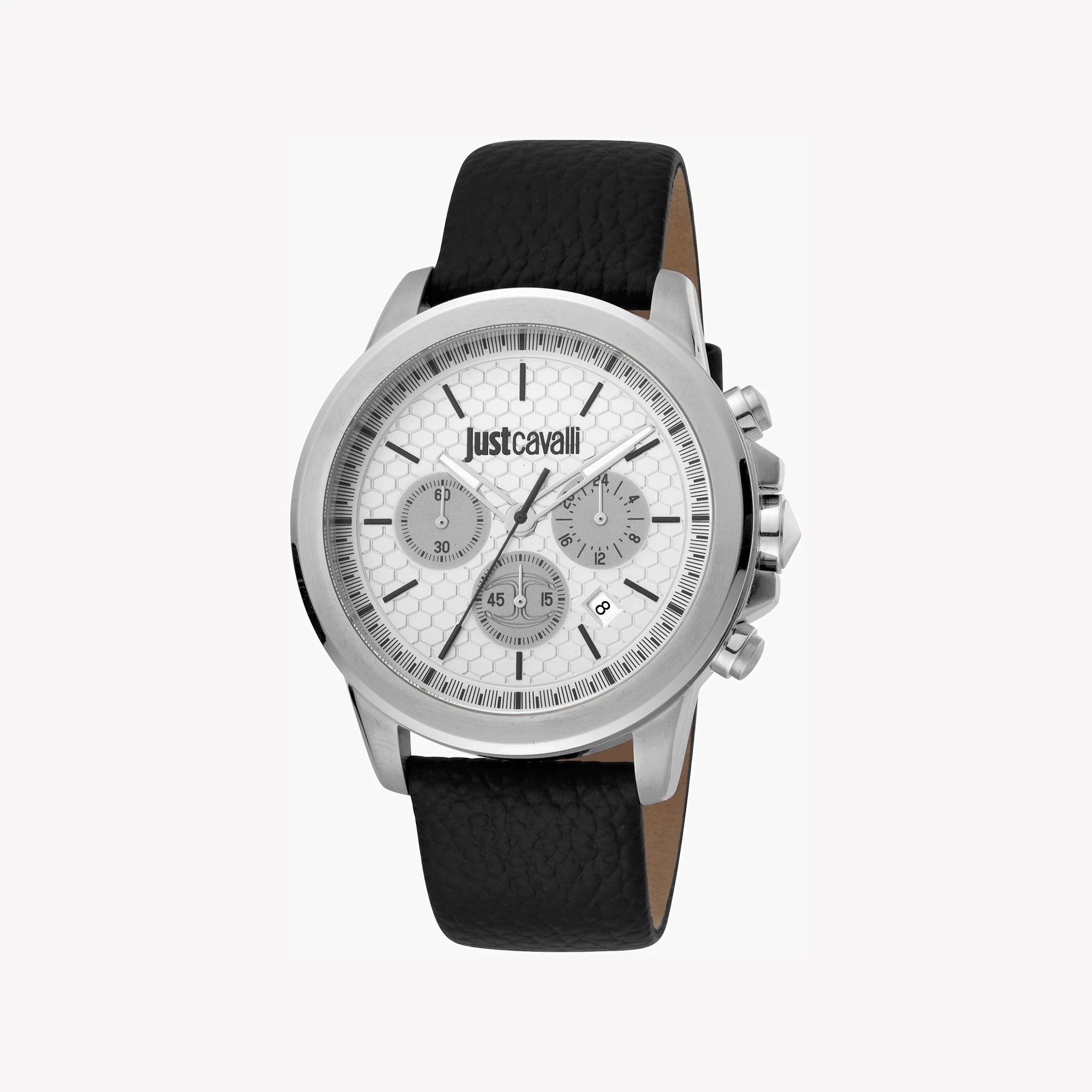 JUST CAVALLI JC1G140L0015 MEN'S ELEGANT SILVER DIAL WATCH - TIMELESS LEATHER & STEEL DESIGN