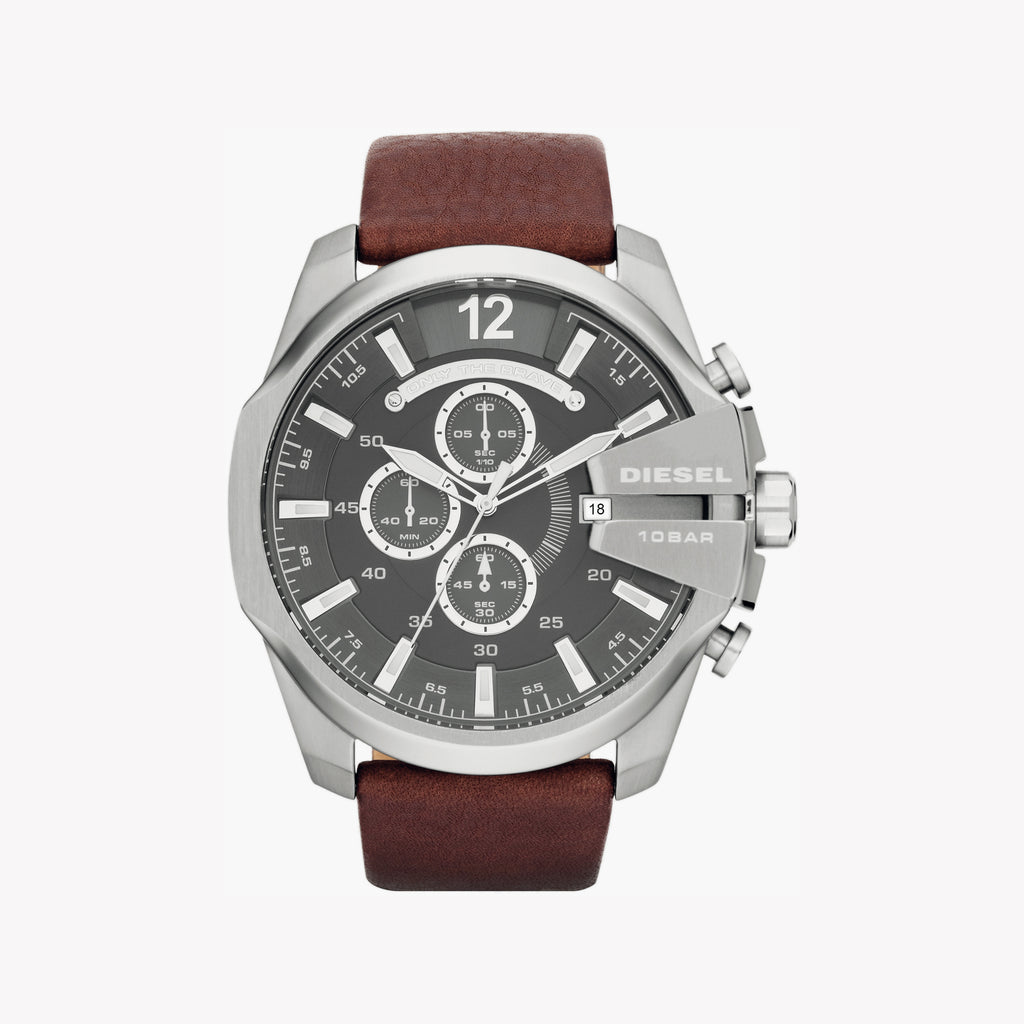 DIESEL DZ4290 BOLD BRAVADO - MEN'S STAINLESS STEEL WATCH WITH GREY DIAL & BROWN LEATHER BAND