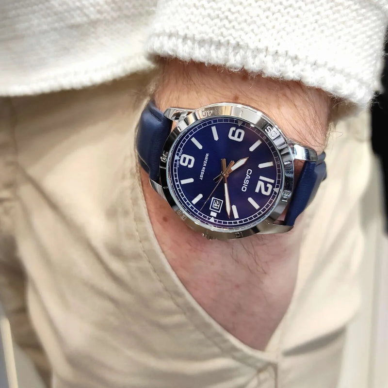 MTP-V004L-2BUDF - TIMELESS ELEGANCE: CLASSIC BLUE DIAL MEN'S WATCH WITH LEATHER STRAP-i-Watch-2