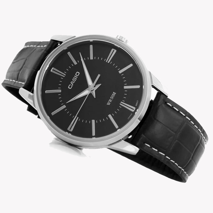 MTP-1303PL-1A MEN'S TIMEPIECE - ELEGANT SILVER & BLACK LEATHER CLASSIC WATCH-i-Watch-3