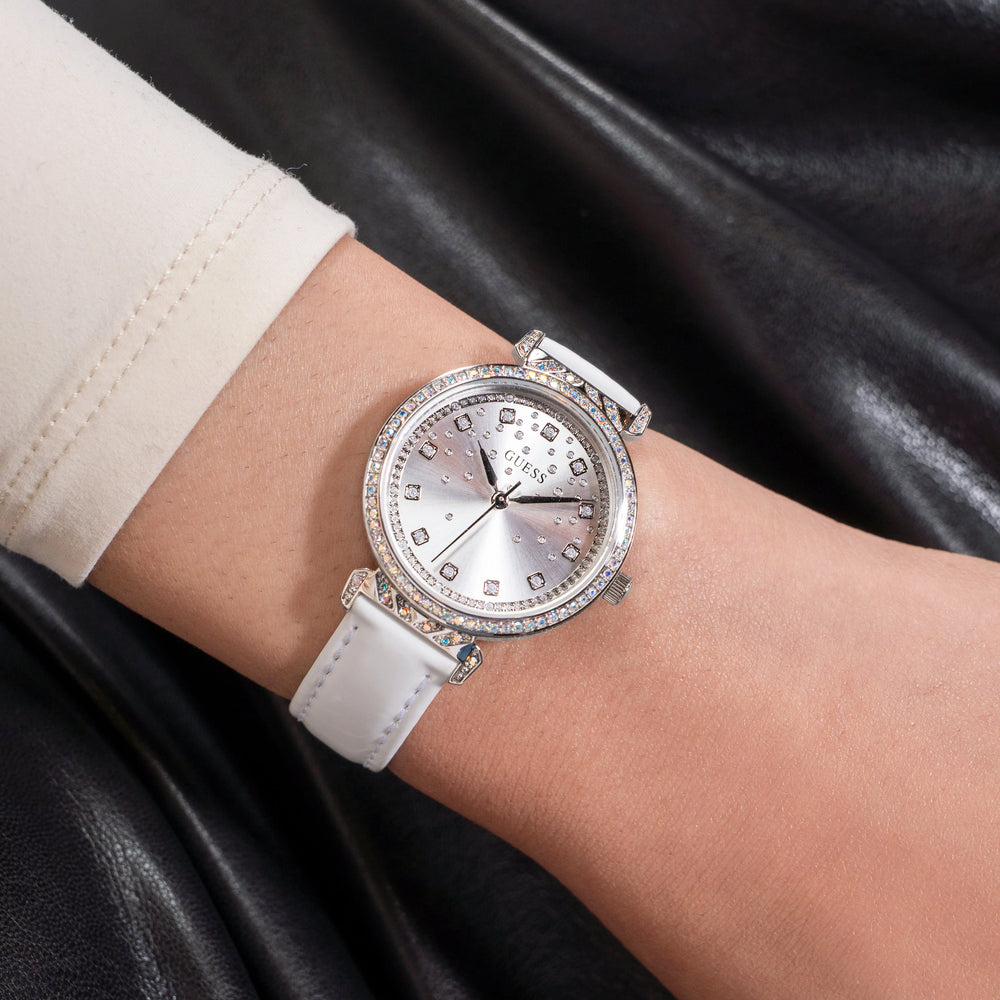 Guess Women's Silver Leather Watch, White Band | Gw0764l4 by i-watch