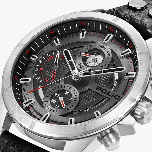 Police Men's Silver Watch, Black Leather Strap | Pewjf0004601 by i-watch