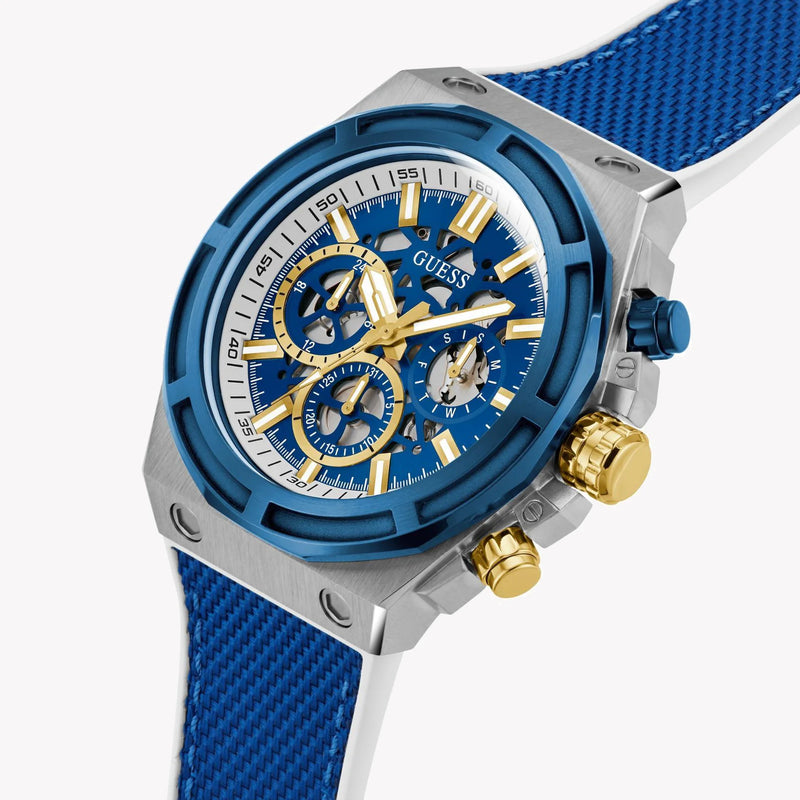 Guess Men's Silver & Blue Silicone Watch, Blue Dial | Gw0713g1 by i-watch