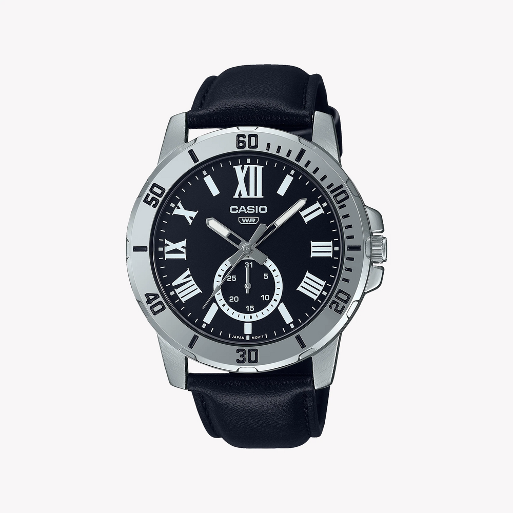 Casio Men's Black Leather Watch, Silver Case | Mtp-Vd200l-1b by i-watch