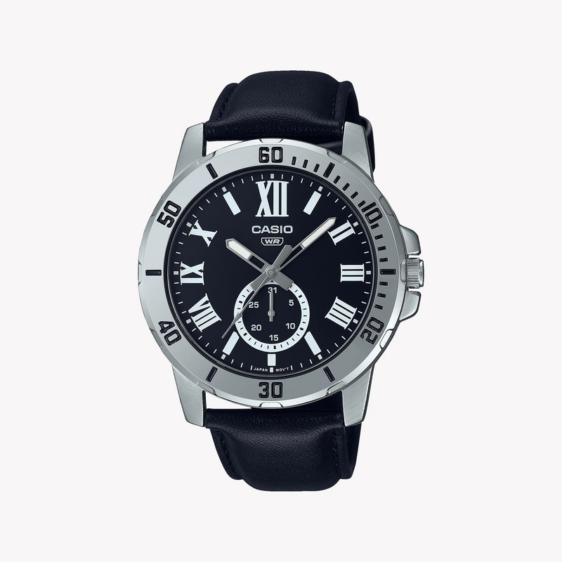 Casio Men's Black Leather Watch, Silver Case | Mtp-Vd200l-1b by i-watch