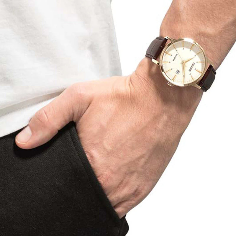 Citizen Bm7463-12a Classic Elegance - Bold Sophistication Men's Watch With Gold Dial & Brown Leather Band by i-watch