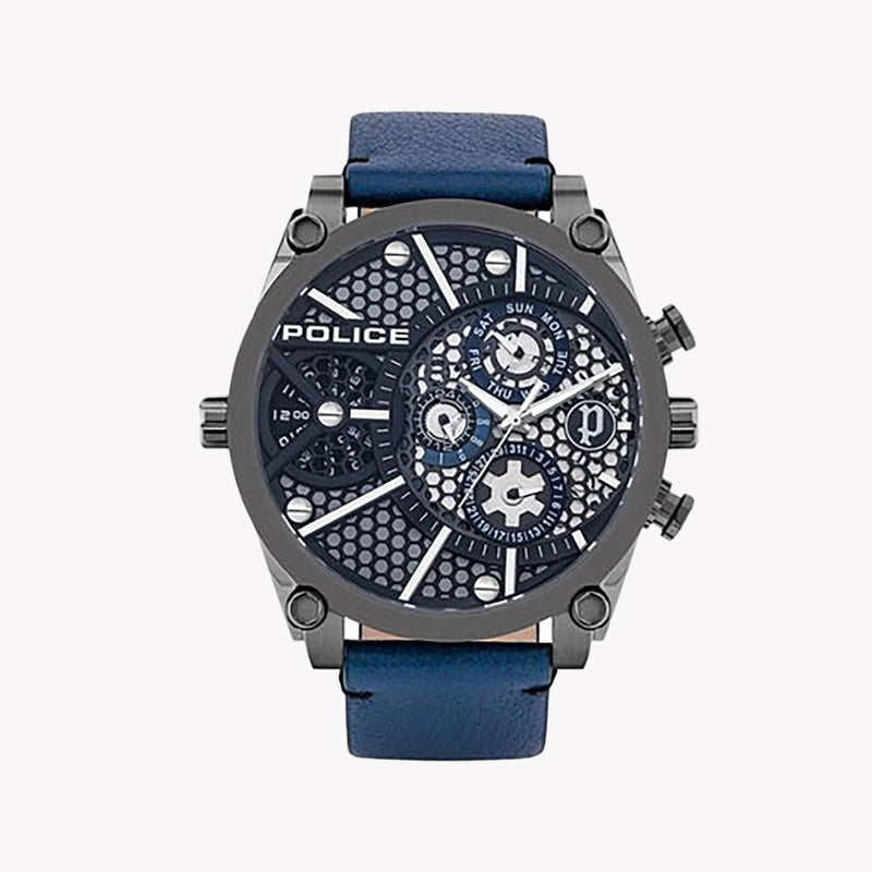 Police Men's Silver & Blue Leather Watch, Black Dial | P15381jsu61b by i-watch