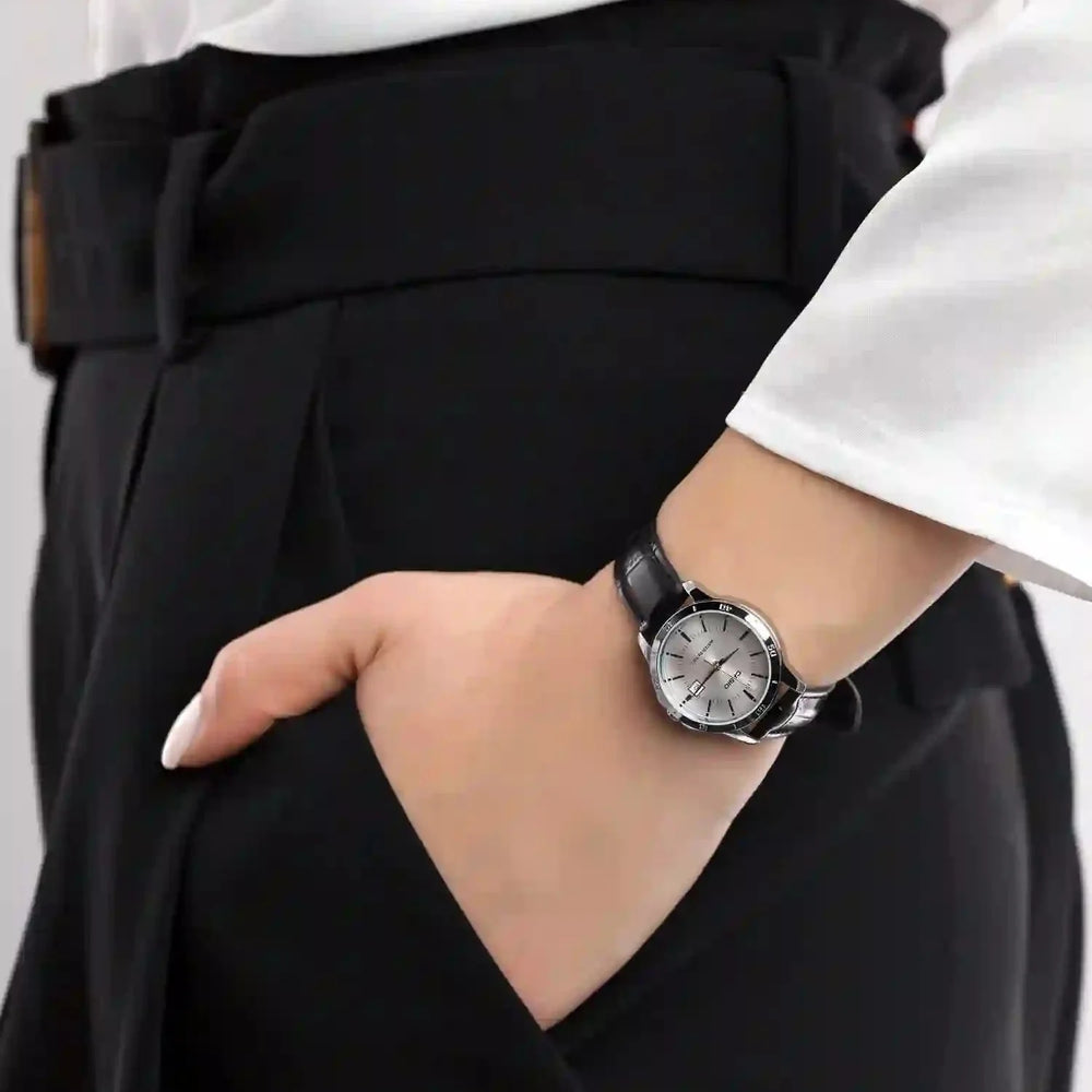 Casio Women's Silver Stainless Steel Watch, Black Leather | Ltp-V004l-7audf by i-watch