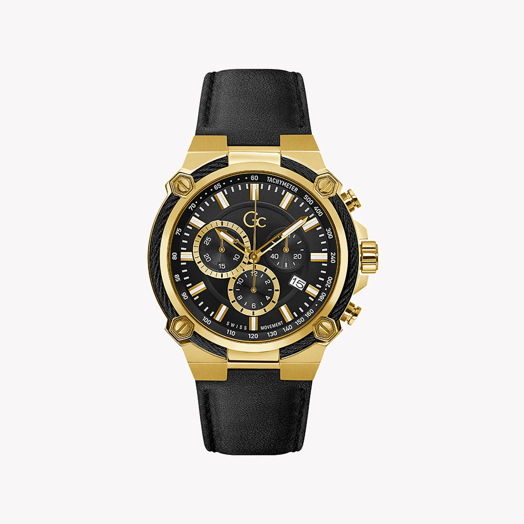 GUESS COLLECTION Y24011G2MF - BOLD ELEGANCE: MEN'S GOLD-ACCENTED LEATHER WATCH